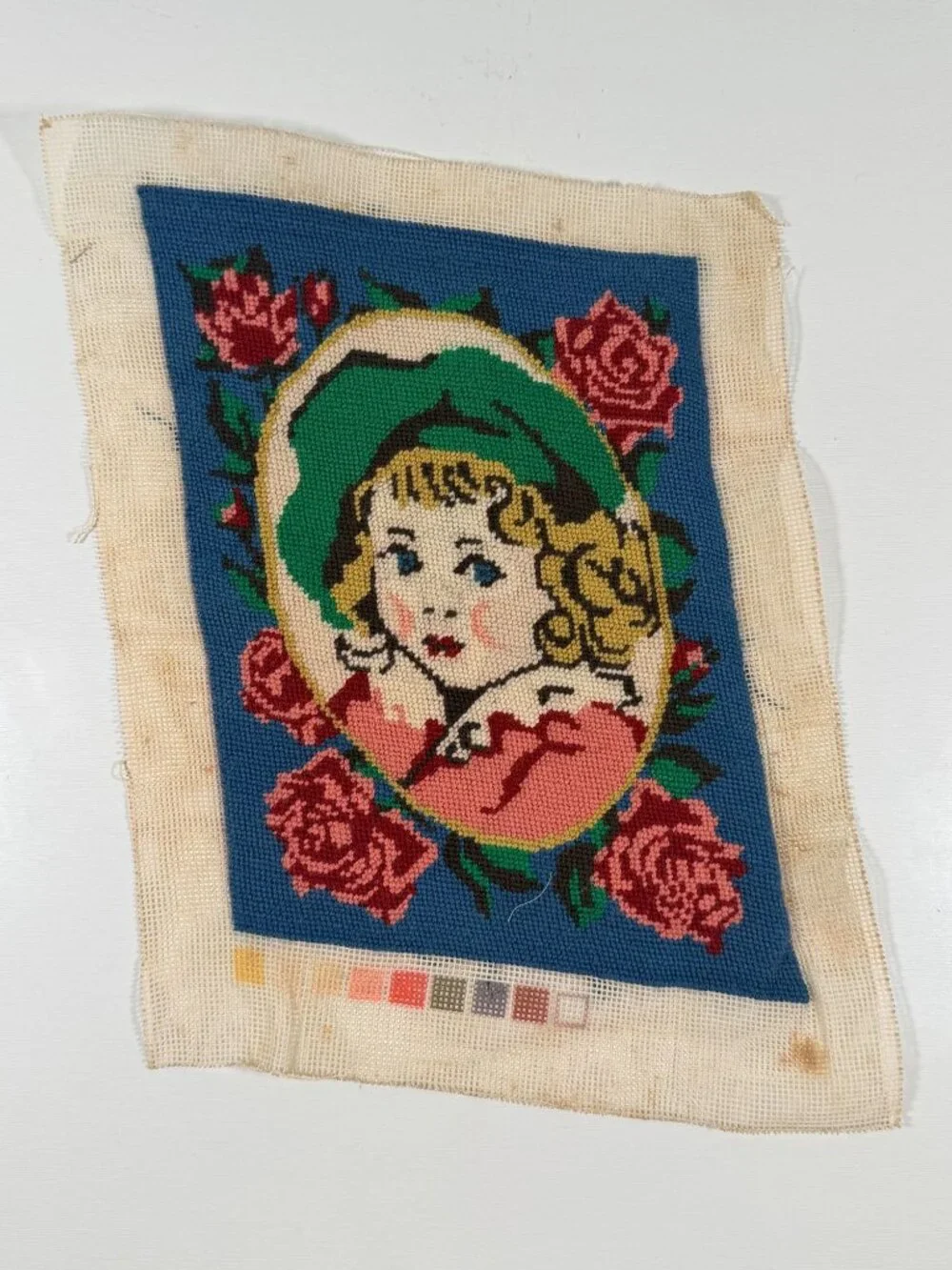 Vintage Needlepoint Victorian Blonde Girl Blue Eyes Roses Green Hat 8x11